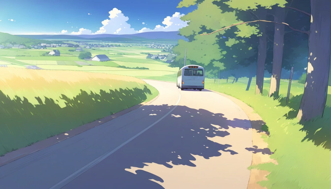 masterpiece, Highest quality, Rural folk background, grassland, Bus on the road, peaceful, the wind is strong, summer, evening、Real、Paintings by Makoto Shinkai
