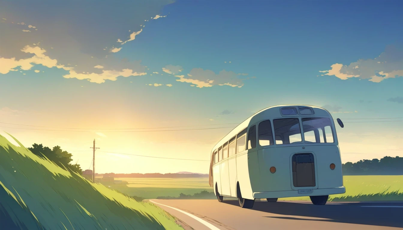 masterpiece, Highest quality, Rural folk background, grassland, Bus on the road, peaceful, the wind is strong, summer, evening、Real、Paintings by Makoto Shinkai
