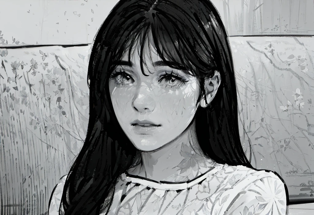 A beautiful girl, delicate facial features, long eyelashes, flowing hair, elegant posture, intricate floral patterns, sunlight filtering through the trees, vibrant colors, photorealistic, 8k, masterpiece, cinematic lighting, lineart, sketch, black and white,
