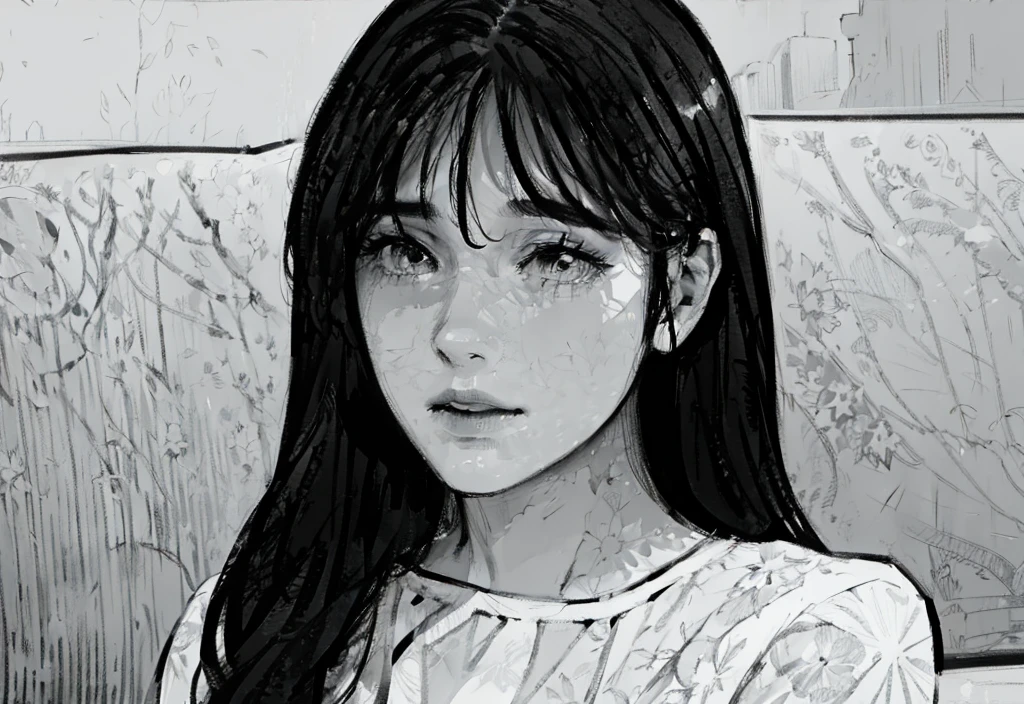 A beautiful girl, delicate facial features, long eyelashes, flowing hair, elegant posture, intricate floral patterns, sunlight filtering through the trees, vibrant colors, photorealistic, 8k, masterpiece, cinematic lighting, lineart, sketch, black and white,