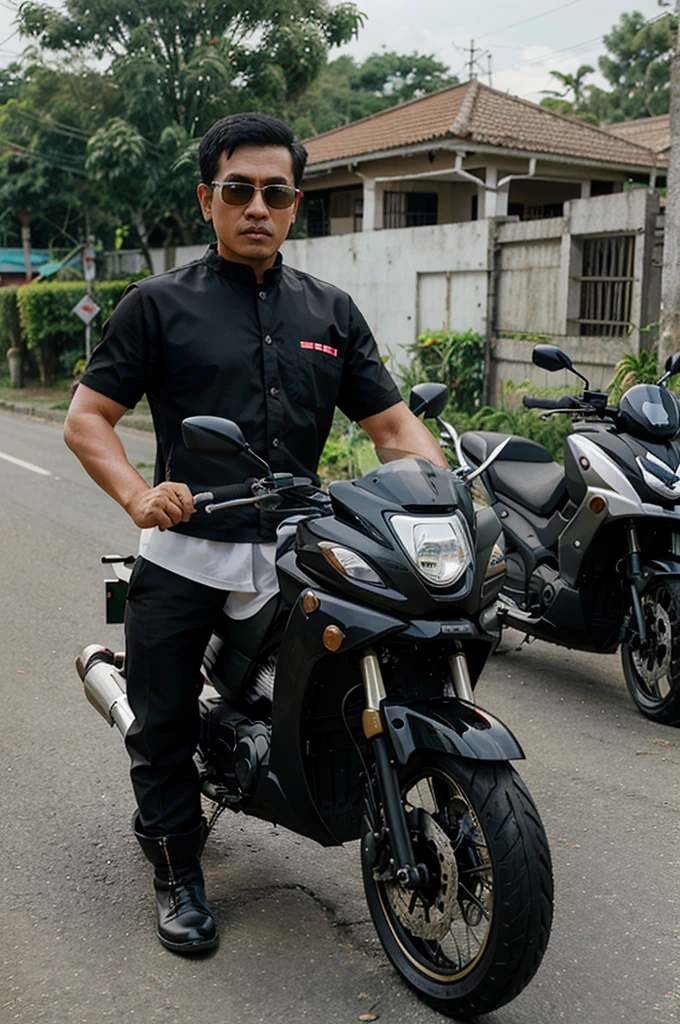 3d caricature, Indonesian man, short hair, black switer, trousers, boots, riding a Honda BEAT motorbike, village background
