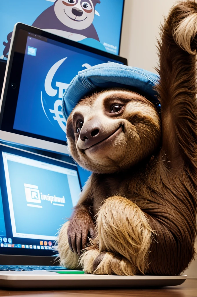 Cartoon sloth in front of computer