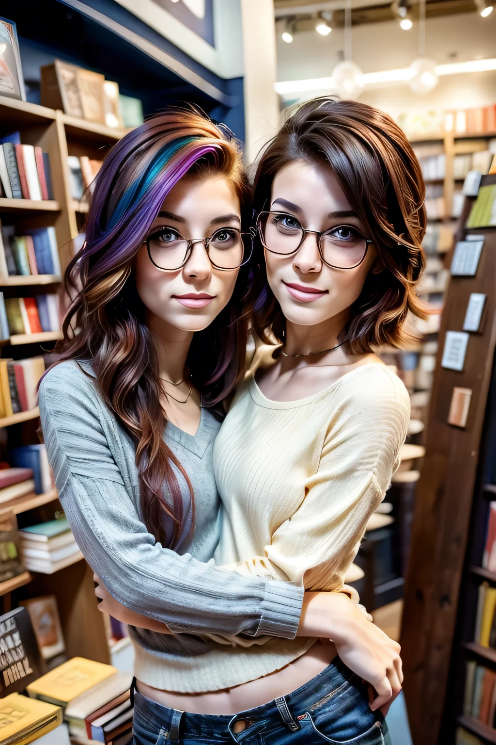 2heads, female couple, age 28, two heads on one body, one torso, hipsters, multicolored hair, hipster fashion, in bookstore,