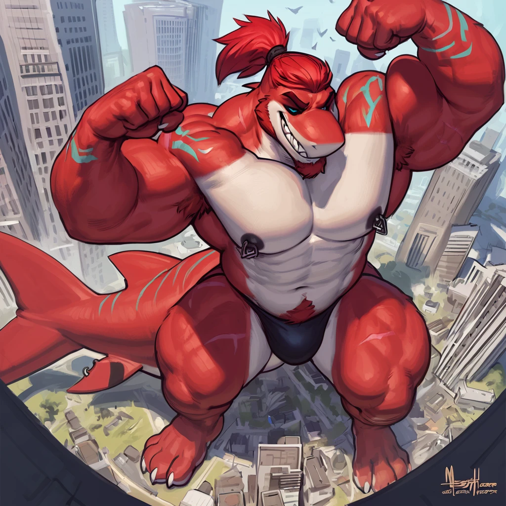 bright red colored bara shark, white countershade, red skin, large plump hairy pecs, strong physique, tribal tattoos, scarlet samurai hair in ponytail, cyan colored eyes, black sclera, very muscular, perfect anatomy, scars on body,nipple piercings, solo, masterpiece beard, strong jaw, thick thighs, giant biceps, muscular, smirking, smug expression, shark tail,                             macro, tall, incredibly huge, insane height, height difference, in tiny city, standing, two point perspective, from above view, flexing arm, flexing biceps, wearing thong, grin, amazing shading, full body, detailed hands, detailed eyes, detailed face, detailed arms,anthro, muscular, abs, (detailed:1.5), male, detailed background, by meesh, by darkgem,  by sligarthetiger, by zackary911, by nightterror,