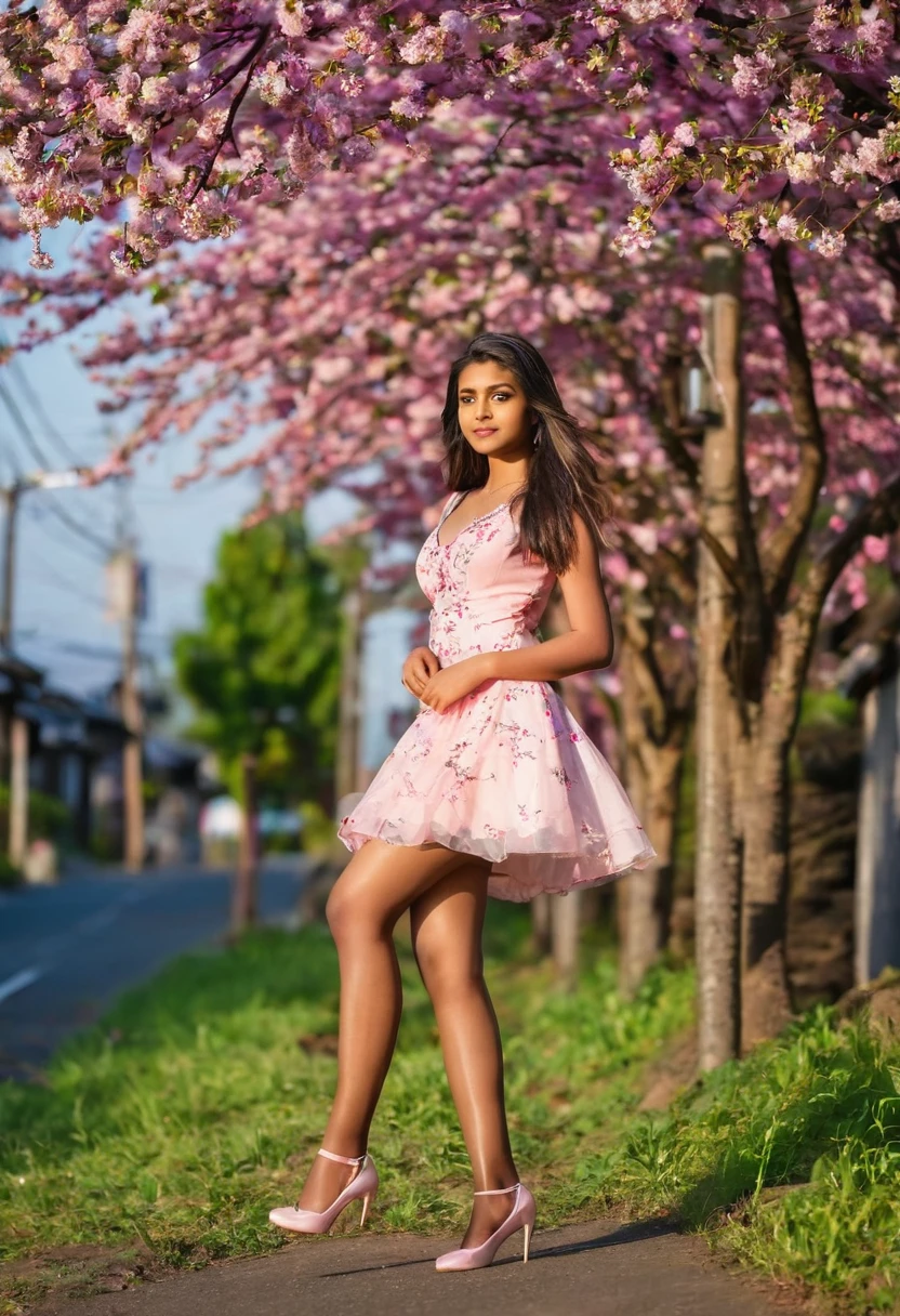 Beautiful 13 year old Indian teenage girl, long hair, short dress, small cleavage, pantyhose, high heels, Japanese rural street, cherry blossoms, sunrise, (extremely low angle shot)