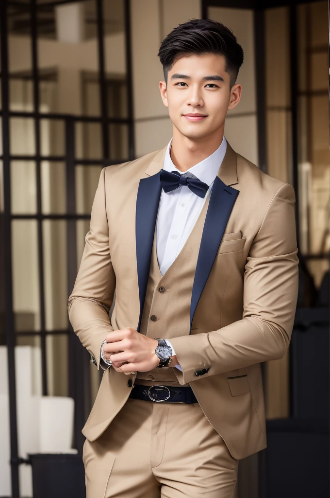 New employee, very handsome, 20 years old.、 (A really cool S-class guy in a suit.)、 เด็กชายJapanอายุ 20 ปี、 businessman、 Luxurious suit、 brown suit、 office、 Standing in a suitSHandsome young man、 full body photo、 (ภาพถ่ายที่มีรายละเอียดhighของ CG Unity 8K)、 (มีรายละเอียดhighShandsome man in class)、 (Real photos)、 ((คุณภาพhighสุด))、 very detailed、 (Masterpiece)、 คุณภาพของภาพที่highเป็นพิเศษ、 high、 viewer、 gentle man、 I'm beautiful.、 short hair、 Vivid photos、 Handsome like a model、 Handsome like an idol、 Luxury watches、 Cold Belt、 Japan