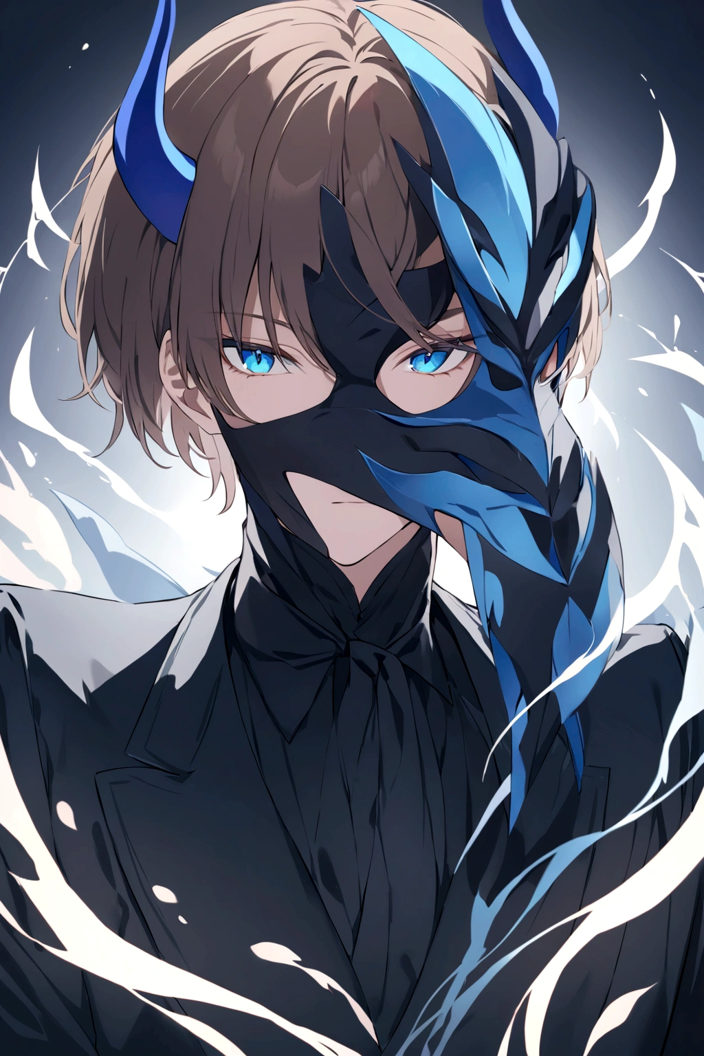 (man in half mask on the left side )(blue color)(blue eyes) brown hair)(blue horns)(Dressed in black)(Short haired)(alone)