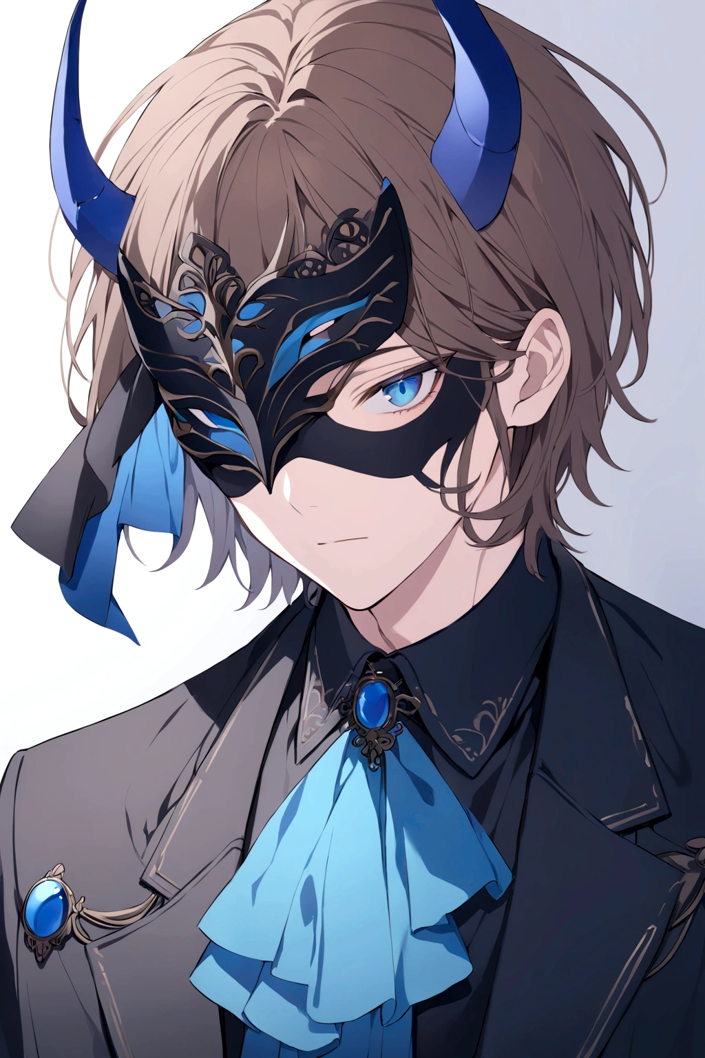 (man in half mask on the left side )(blue color)(blue eyes) brown hair)(blue horns)(Dressed in black)(Short haired)(alone)