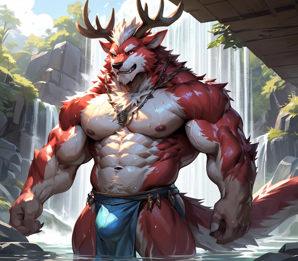 ((best quality)), ((masterpiece)), (ultra detailed), perfect face,antro baize:2.5, male , ((deep-crimson fur)), (strong beefy muscular body), ((abs, strongmuscles, 8 pack)), furry, handsome,Beautiful and delicate eyes, (ultra detailed eyes, (yellow):0.1 eyes, sharp eyes), detailed scene,(huge bulge),full body, reflection, shirtless, topless, pink nipples, (by null-ghost,by traver009,by lindong,by pino daeni), (full body), wearing random pattern necklace, claws, ((fluffy fur, fluffy, furry body)), (5 finger), (qilin, with antler), majestic, wind blowing, ((white belly), ((1 long tail)), big fellow, muscular male, (wearing skyblue loincloth), fluffy chest hair, handsome,Delicate canine teeth, hairy, male,bathing, anime, by the waterfall, full body view, sweating:1.8