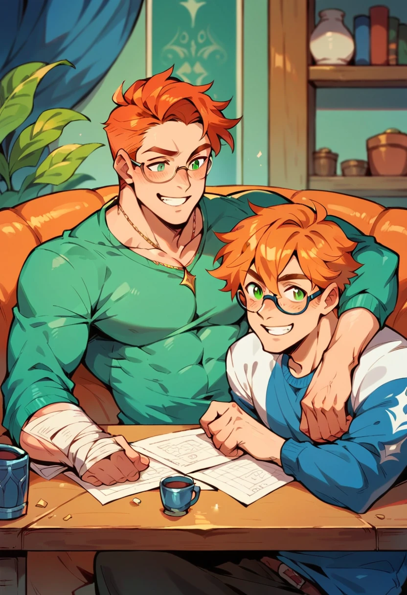 Handsome ginger haired man with green eyes wearing glasses and a black and blue fantasy attire smiling and playing a tabletop rpg game with his friends, living room background