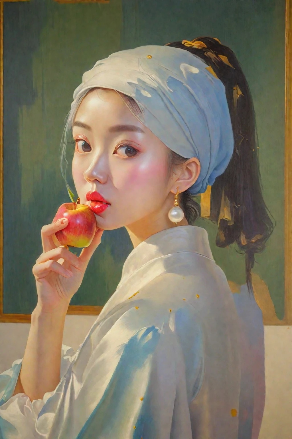 A woman eating an apple in front of a painting, artwork in the style of Gwaiz, Gwaiz, Gwaiz masterpiece, Inspired by Chung Fenghua, Beautiful character drawings, inspired By Chen Yanjun, Li Song, Detailed painting 4k, Girl with a Pearl Earring, With apple, By Chen Yanjun