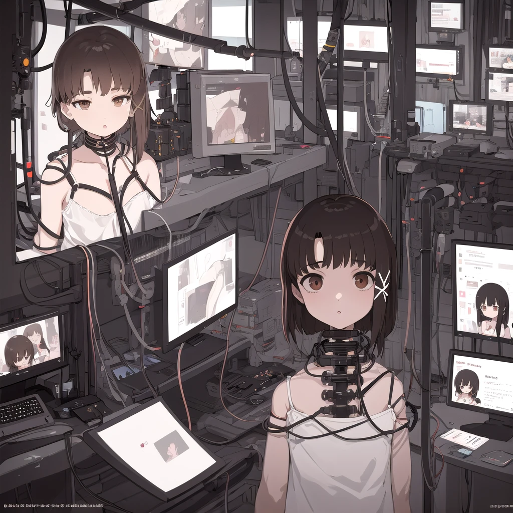 One girl, Another Iwakura, Brown eyes, Kamrein, White camisole, Indoors, Dark room, (Cable:1.2), Pipe, Computer, Lip electrode, Upper body, Hollow eyes