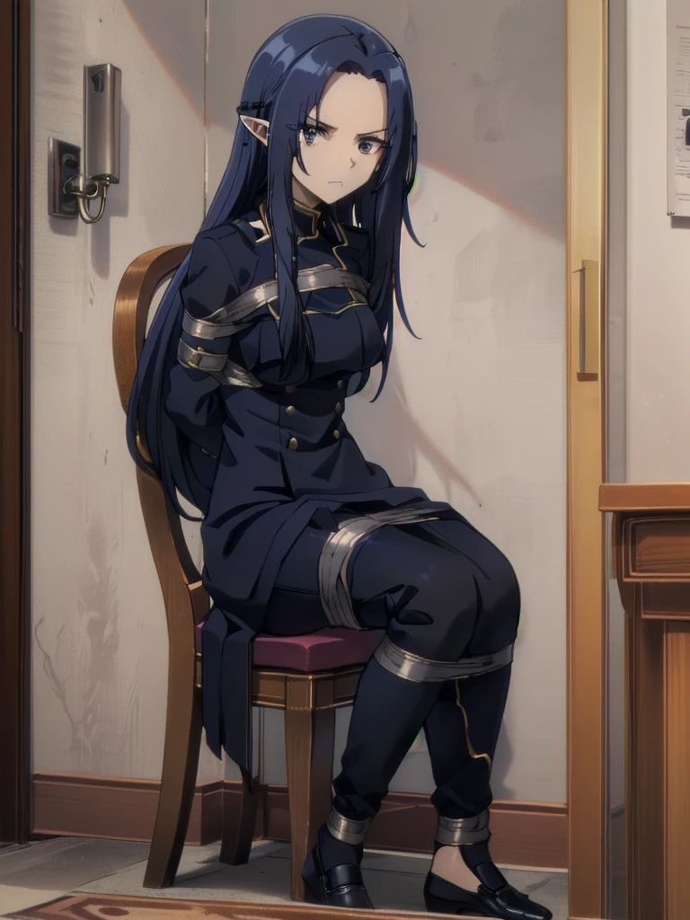 ((( masterpiece ))) ((( background : evil lair : high tech equipment : im a creepy room : a couple of guards ))) ((( dark blue hair,,long hair,blue eyes,pointy ears,elf: black skintight spy suit : bound to a chair : captured : serious : hands tied behind : leg tied )))