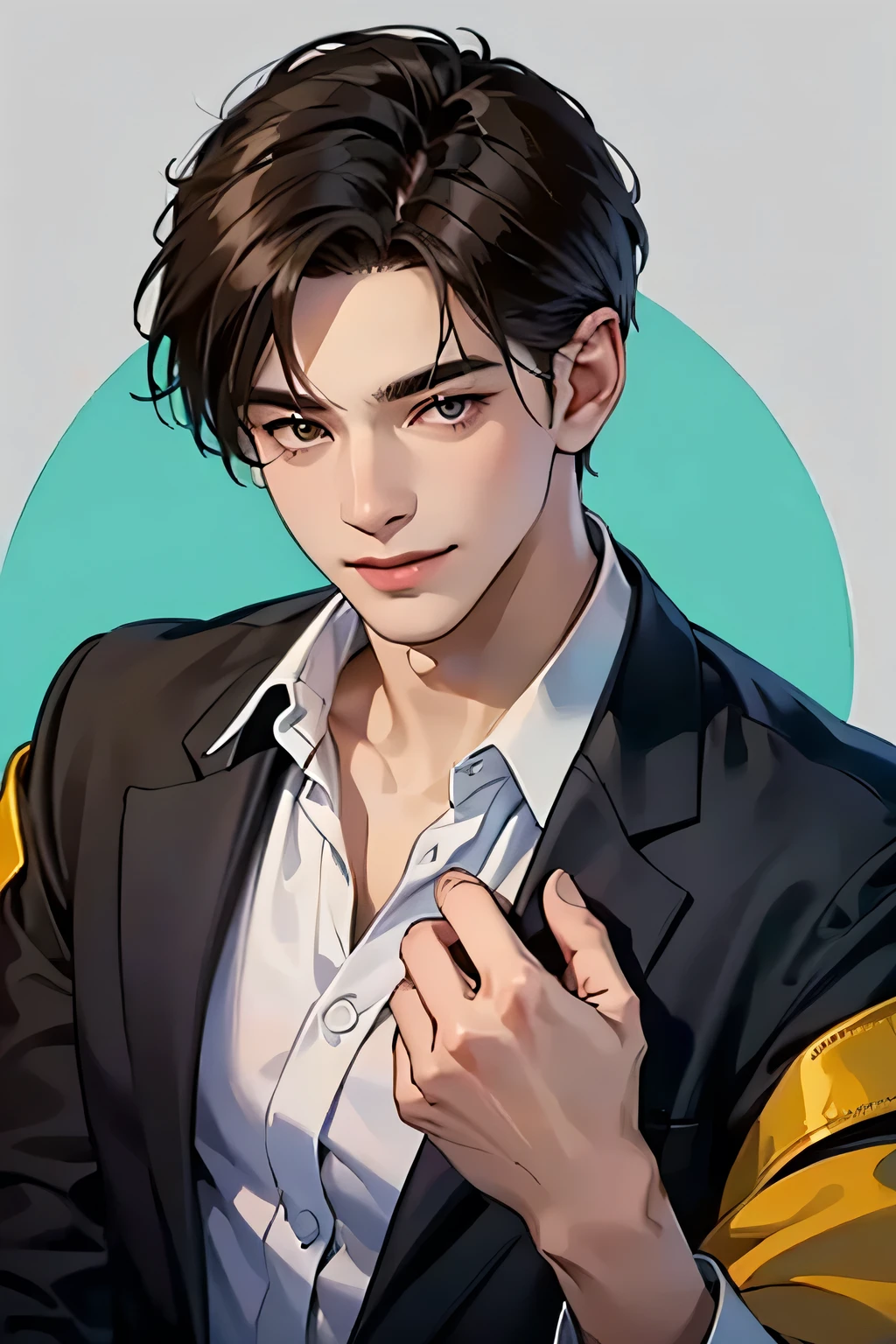 young guy, ((athletic build)), ((Dark hair)), short hair, dark eyes, Kind smile, black suit, Bust, (((Good quality))), (((Best quality))), kind guy, bright smile, (((ровные глаза))), (((правильные глаза))), ((портрет))