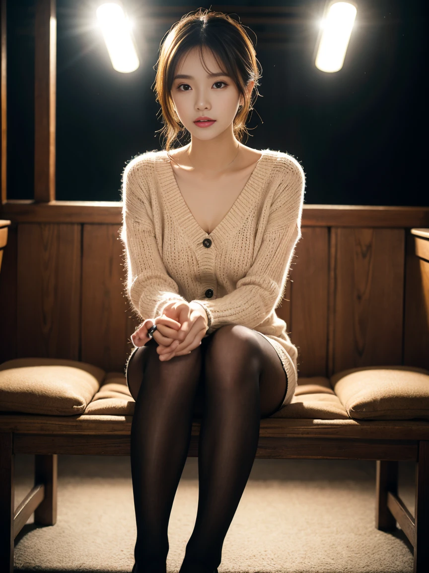 ultra realistic 8k cg, picture-perfect face, Perfect facial expression,very detailed_eye,thick thighs,big bust, beautiful, Clean, masterpiece, professional illustrations, famous work of art, , Very young facautiful eye, ((perfect female body)), alone,(Immersive atmosphere, Chiaroscuro:1.5,bright lights:1.2,bright lightsing) ,,(blush:0.5),Incredibly detailed backgrounds,depth of written boundaries,realistic:1.3, long shot,1 girl,summer knitwear,chanel dress, , seat, whole body, (ambient light:1.3),(cinematic composition:1.3),(neon lights:0.1),(HDR:0.1),accent lighting,8denier sheer black pantyhose ,unprotected lower body、Her fashion and expression are the perfect combination of eros and elegance.、Attracts viewers and doesn't.'don't let go.。through this scene、Express her charm to your heart's content。design: new jeans Daniel