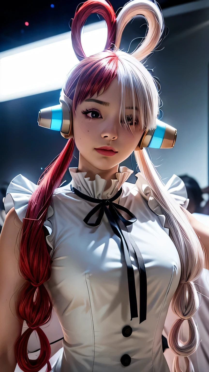 Masterpiece Uta, one piece \(set\), anime art style, Masterpiece, setเดรสสีขาวหรูหรา, long red and white hair, one woman, alone, earphones, conjunctivitis, looking at the audience, Beautiful face, detailed face, gag, photograph: intermediary, Elbow arm, Eyes visible through hair, Medium bust, V shaped eyebrows, Detailed background, Fully dressed.,outdoor, pirate ship, void, (Awesome details), (8K, complicated), (85mm), Particles of light, day, whole body, (very detailed:1.2), (Gradation), NRF, colorful, (Detailed background), (Third rule_component:1.3), (Course of action:1.2), daylight, alone