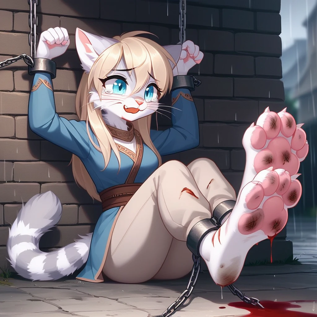 (hi res), ((masterpiece)) , ((best quality)),Solo, score_9,score_8_up,score_7_up, source_furry, Kat, Anthro furry feline girl, tall body, hourglass figure, adult female, blue eyes, silver fur, blonde hair with pony tail, (striped tail), white whiskers, pink nose, wearing simple blue long sleeve tunic, light brown fitted pants, barefoot, (feet paws), (4 toes), pink paw pads, foot focus, Her face was covered with tears,Have tears in her eyes,looking at viewers, looking uncomfortable, eyes half closed, outdoors, rainy day, spread feet apart, cute dainty feet,(The two feet paws are connected with chains between them),(there are many chains),The chains fastened her hands and feet paws ,(feet chains focus),She's chained to a wall., she is chained on neck and feet,(very dirty feet),((bloody scars are only on her feet)),((no blood on her face )),(Fetters were placed on her feet),(Fetters and feet focused),(show the fetters),Hands chained to the wall,feet chained to the wall,She looks happy,She waved hands at viewers,