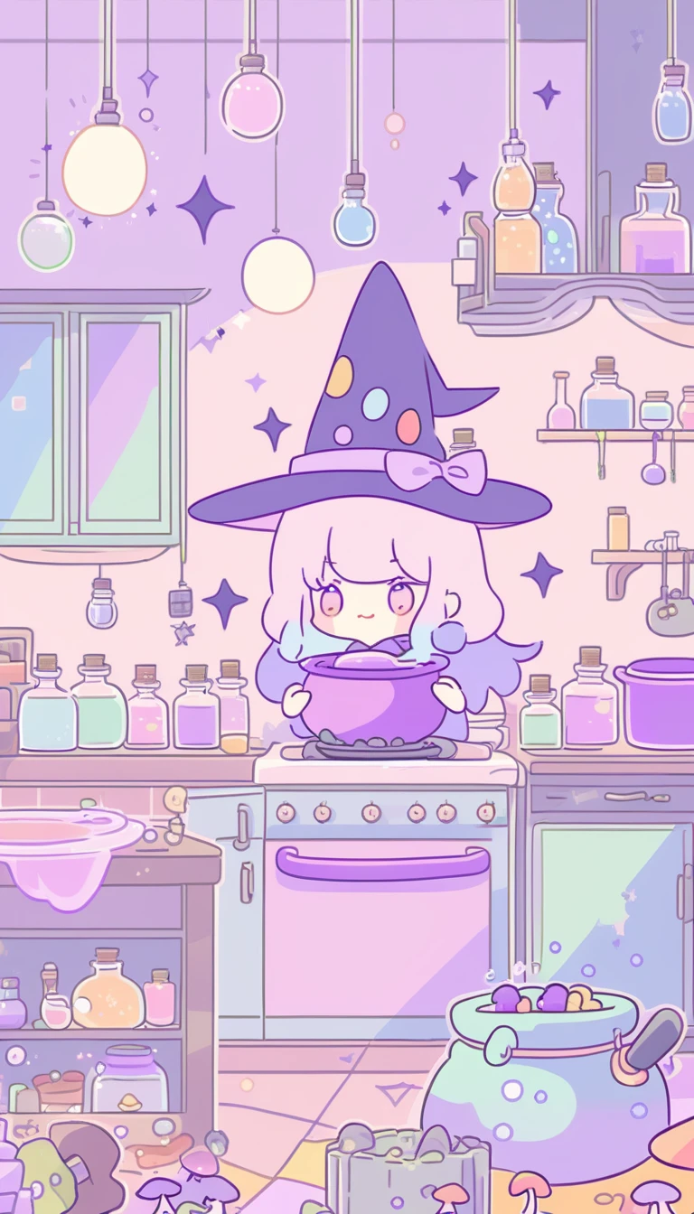 cute, witchy, kitchen, with bubbling cauldron, light colors, pastel colors, potions, books, magical mushrooms