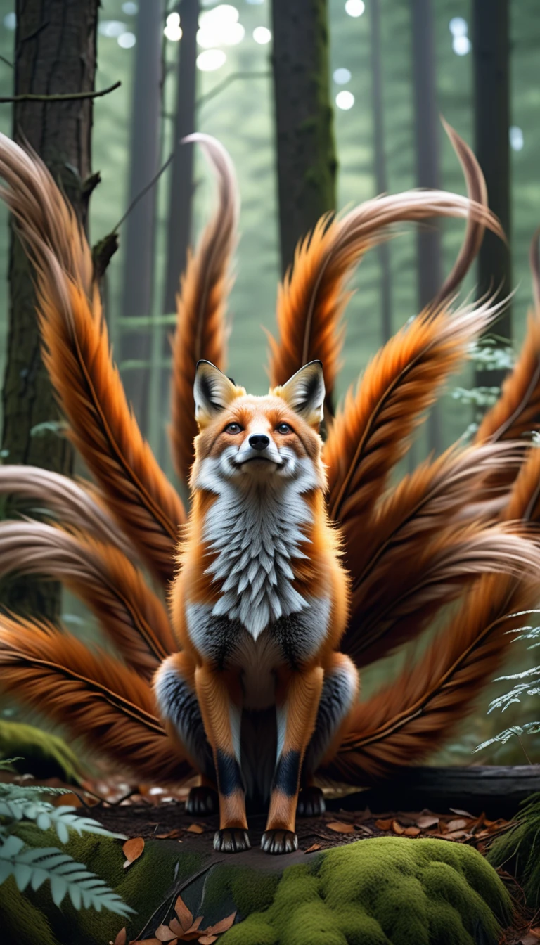 Panorama,A wild beast in the forest,Looks like a fox and has nine tails,Mysterious Creatures, shrike, (best quality,4K,8K,High level,masterpiece:1.2),Ultra Detailed,(lifelike,Photo real,Photo real:1.37),Highly detailed animals,Complex patterns,Realistic lighting,Fantasy Creatures