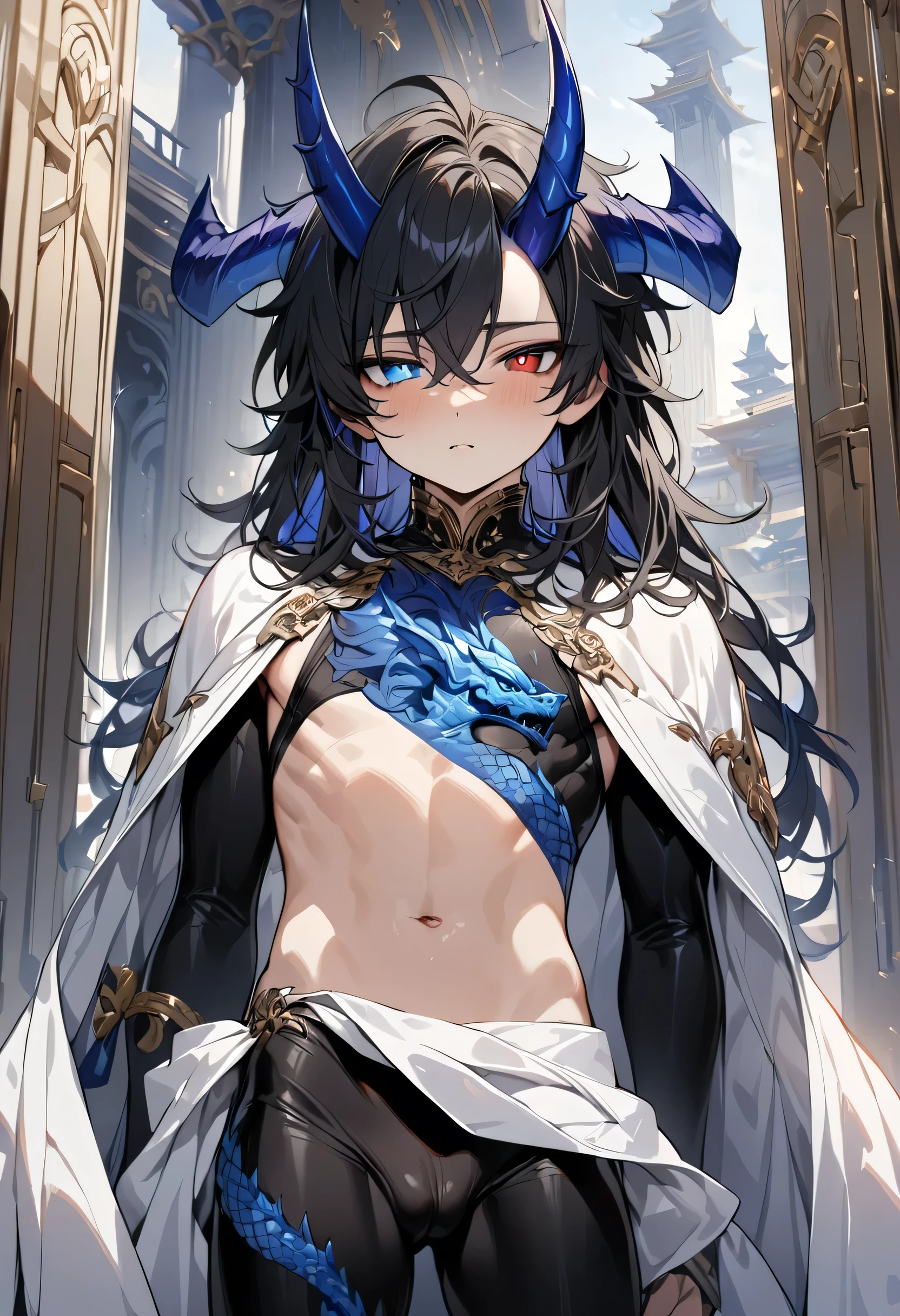 high quality,(best quality,4K,a high resolution,masterpiece:1.2),super detailed,(1 boy),(solo),juvenile,(Male juvenile),handsome and cute boy,black hair, blue dragon horn, Black tbodysuit with blue pattern,（heterochromatic pupils，red eye and blue eye），（（long hair）），single photo,the white temple of light,magnificent palace background,Wearing a white cape behind
