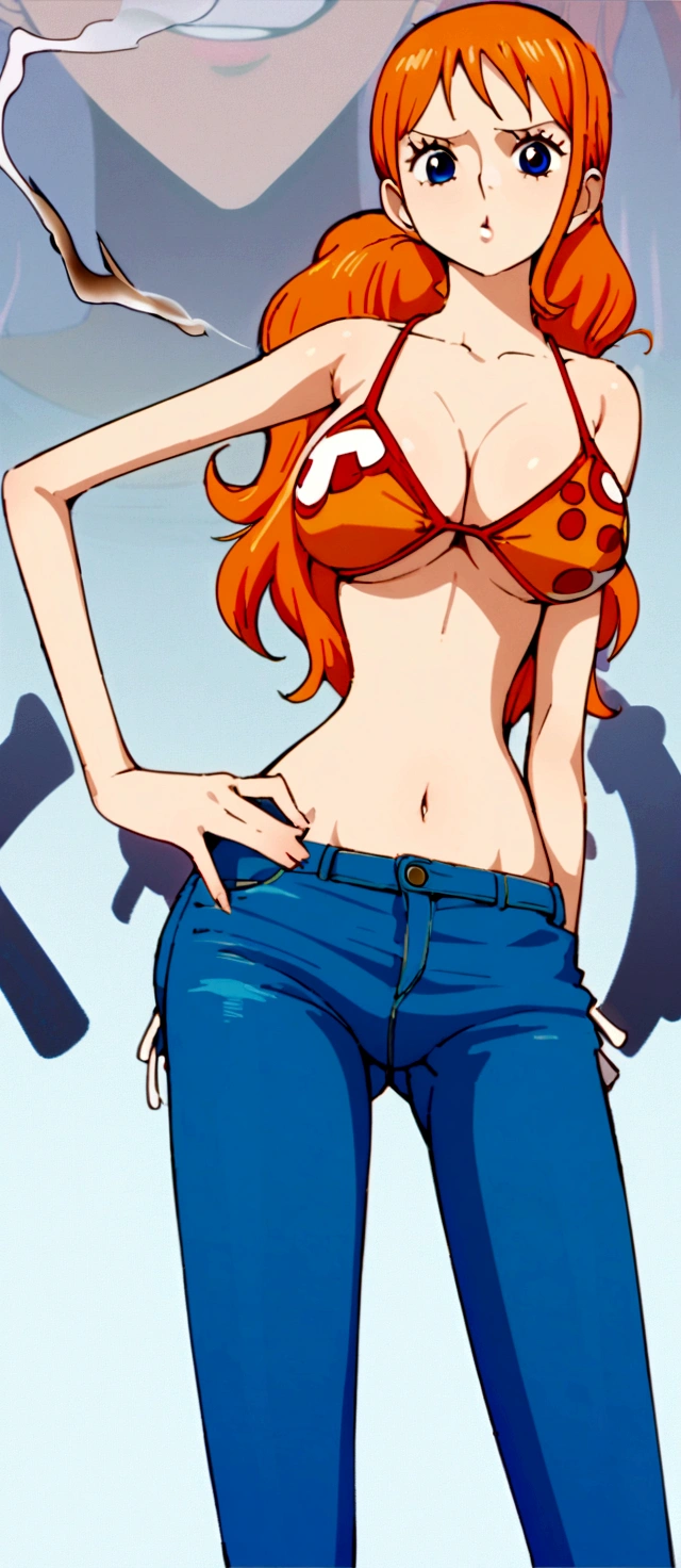 a cartoon picture of a woman in a bikini top and jeans, nami one piece, nami from one piece, nami, beautiful portrait of nami, from one piece, oppai, blue eyes, smoking, ponytail, nsfw