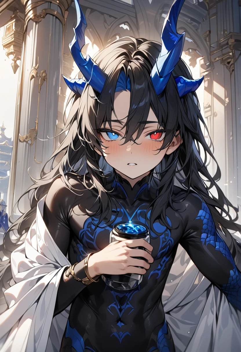 high quality,(best quality,4K,a high resolution,masterpiece:1.2),super detailed,(1 boy),(solo),juvenile,(Male juvenile),handsome and cute boy,black hair, blue dragon horn, Black tbodysuit with blue pattern,（heterochromatic pupils，red eye and blue eye），（（long hair）），single photo,the white temple of light,magnificent palace background,Wearing a white cape behind
