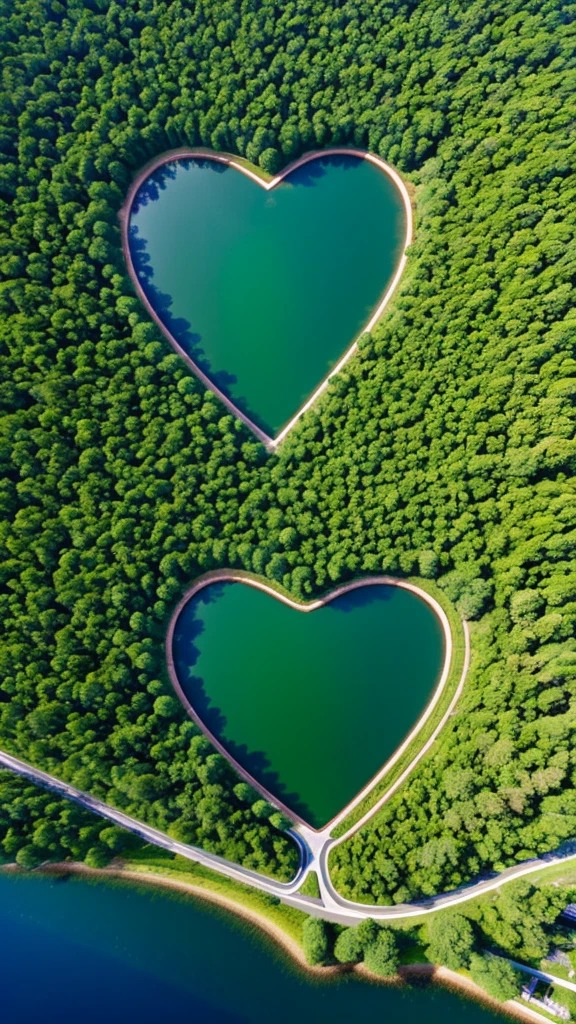 Blue sky and green earth、Heart-shaped lake