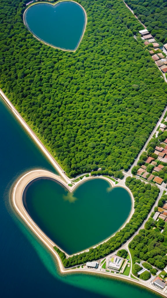 Blue sky and green earth、Heart-shaped lake