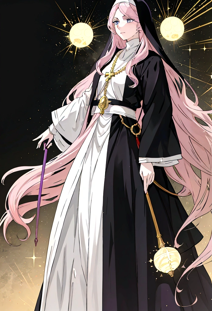 anime styling, best qualityer, pale white woman, Very Long Pastel Pink Hair, some wavy locks, bangss, purples eyes, nun, dressed in royal clothes in black and white tones full of golden details, body covered. Ela está orando com uma serious expression no rosto. The background must be illuminated by a holy light, with light particles floating in the air, to create a serene and spiritual environment. Medieval RPG theme. Whole body standing. Concept Art, Pose Model Sheet, from front view, lateral view, happy expression, serious expression, sad expression.
