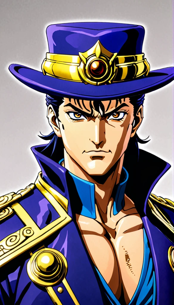 Generate a hyper-realistic image of Kujo Jotaro from *JoJo's Bizarre Adventure* as a Soul Reaper from *Bleach*. He should be depicted in a detailed Soul Reaper costume, with realistic textures and intricate designs. His Zanpakutou should embody the essence of his stand, Star Platinum, featuring elements like its distinctive armor and powerful aura. The image should capture the intense and commanding presence of Kujo Jotaro, blending the art styles of both anime series seamlessly.