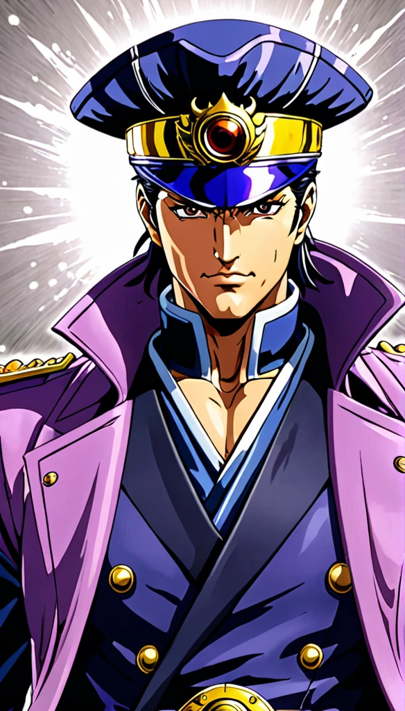 Generate a hyper-realistic image of Kujo Jotaro from *JoJo's Bizarre Adventure* as a Soul Reaper from *Bleach*. He should be depicted in a detailed Soul Reaper costume, with realistic textures and intricate designs. His Zanpakutou should embody the essence of his stand, Star Platinum, featuring elements like its distinctive armor and powerful aura. The image should capture the intense and commanding presence of Kujo Jotaro, blending the art styles of both anime series seamlessly.