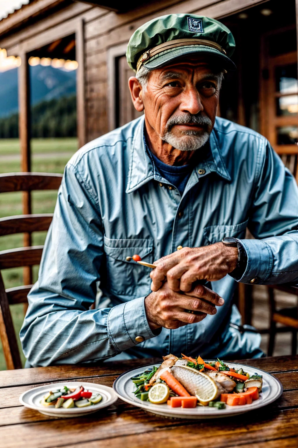 A man wearing an old-fashioned "aviation cap",Wearing outdoor clothing,Sitting at the table, looking sideways into the distance, thoughtfully,Chicken, fish, and several dishes of vegetables were placed on the table.,HD style,Beautiful light,500px style
