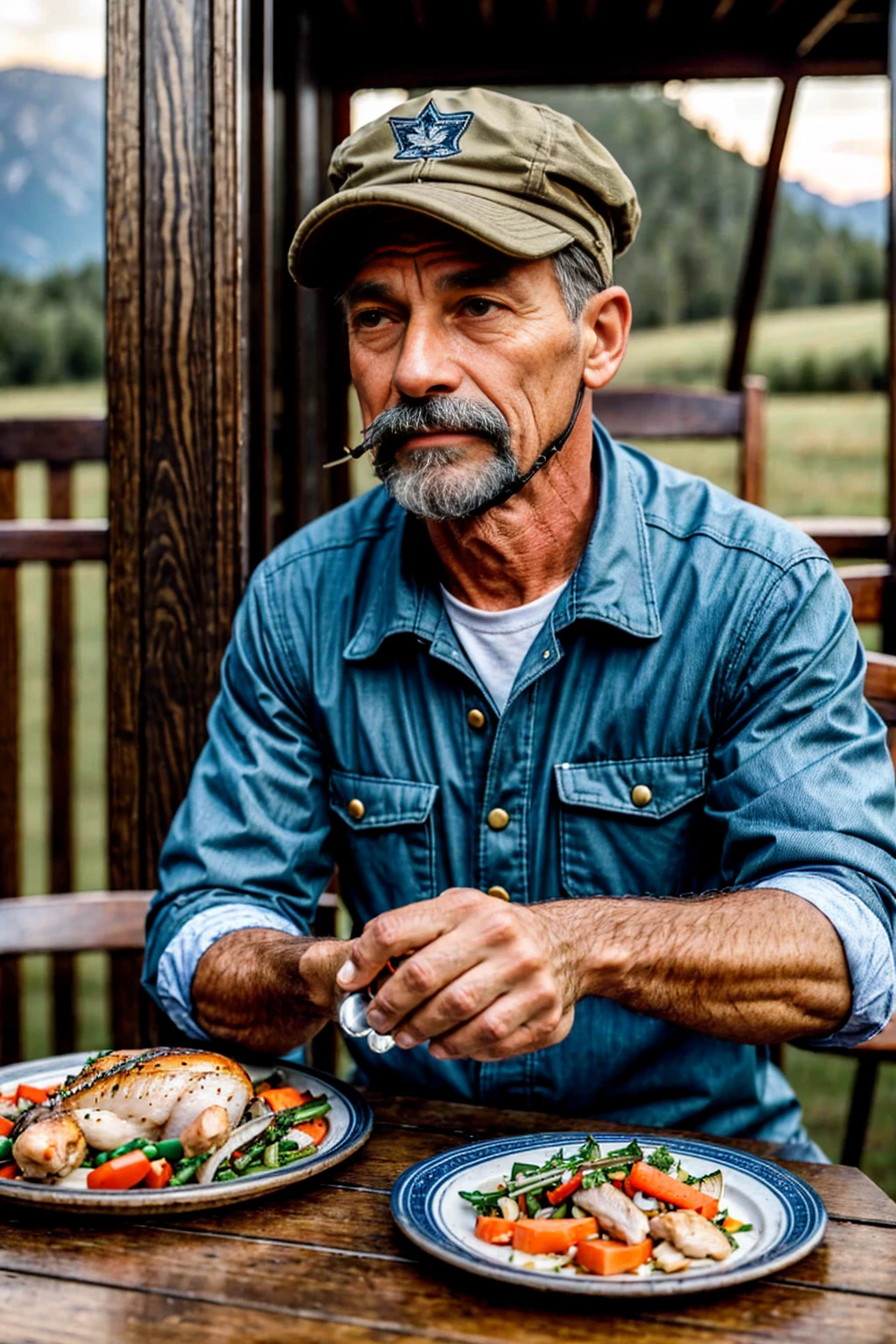 A man wearing an old-fashioned "aviation cap",Wearing outdoor clothing,Sitting at the table, looking sideways into the distance, thoughtfully,Chicken, fish, and several dishes of vegetables were placed on the table.,HD style,Beautiful light,500px style
