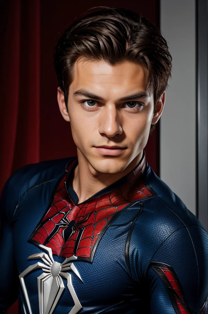 A photograph of spider man, no mask, 20 yo, handsome, detailed face, looking at camera, portrait, 8k uhd, high quality