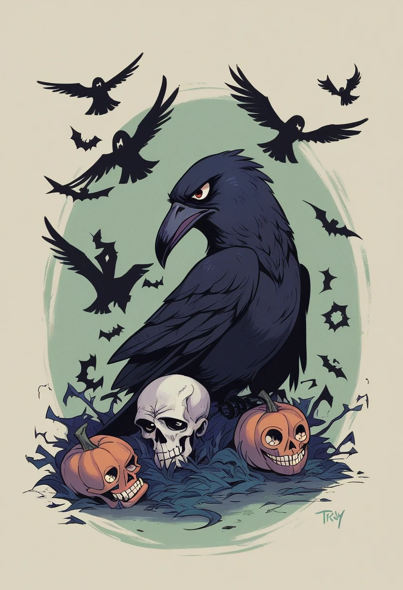 There is a black bird sitting on the skull,Dark Academy Art Style, Terrible but charming, , The crow as a symbol of death, Horrible colorful detailed art, Atmosphere of death, !!!Try Andrews!!!, inspired by Patrick Brown, Dark Crow, Inspired by Gonzalo Endara Crow, Raven Monster, trick or treat, Halloween style
