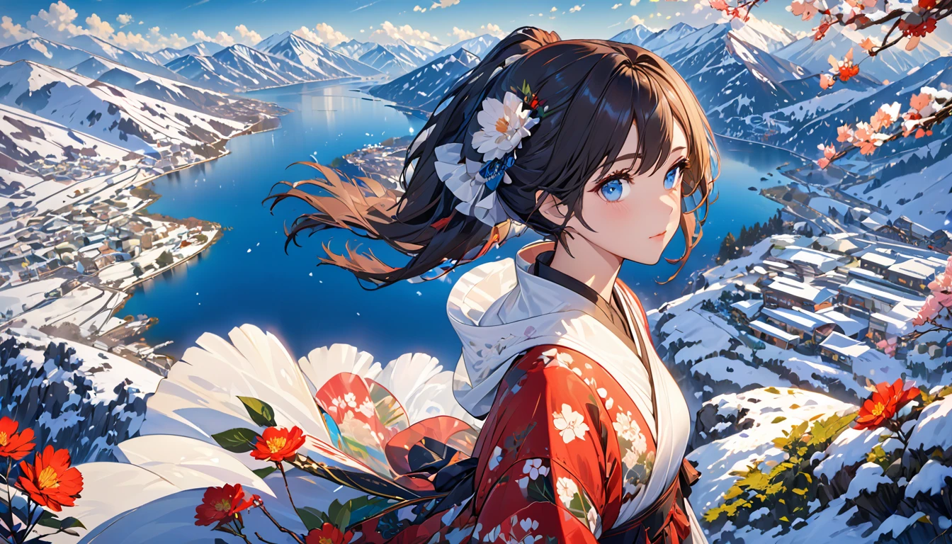 ((masterpiece)),Highest quality, figure, dark, 1 Girl, In the wilderness,Mountain High,snowy mountains visible in the distance, city, Beautiful and delicate eyes, Beautiful fine hair,