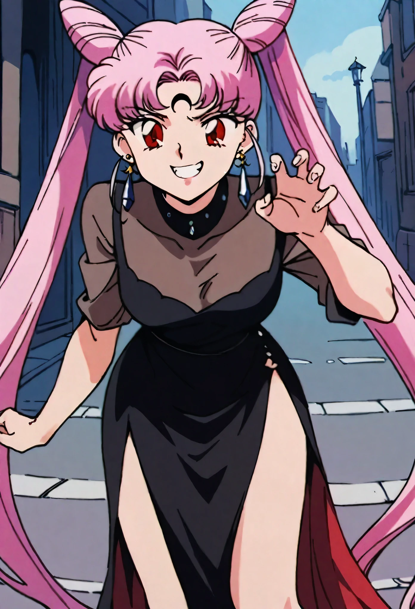 masterpiece,Best quality,very aesthetic,ultra detailed,complex parts,1990-е годы \(style\),Black Lady1,1 girl,One,pink hair,cone lock of hair,long hair,lock of hair,double bun,Red eyes,ponytail,very long hair,side slit,dress,mark on face,Crescent moon,jewelry,earrings,crystal earrings,mark on forehead,Street,leaning forward,claw pose,evil grin,on open air,