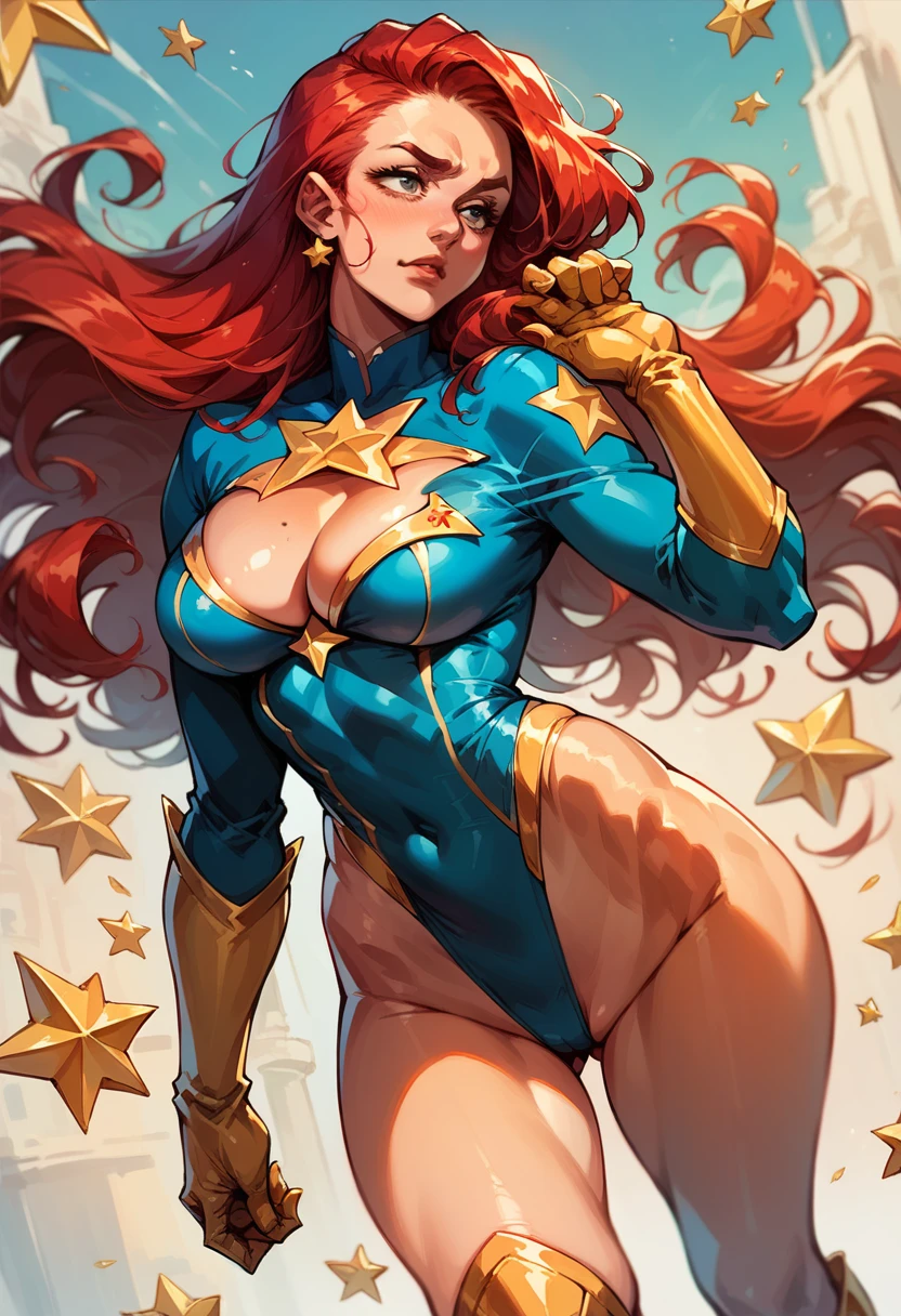 masterpiece,Sexy, Superheroine, Red hair, long hair, busty, ((blue highleg leotard with a t-back thong and a gold star insignia on chest)), gold boots, gold gloves, curvy, ((cleavage cutout)), anime