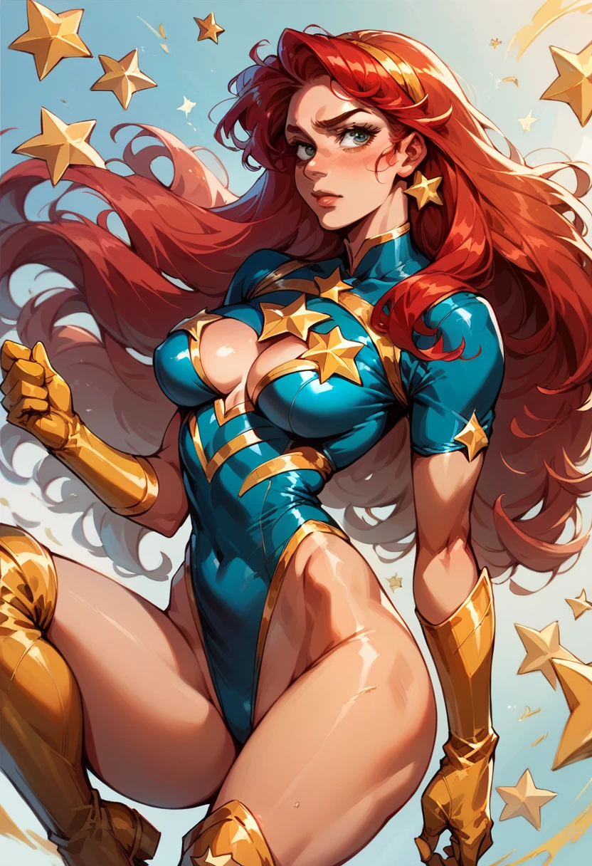 masterpiece,Sexy, Superheroine, Red hair, long hair, busty, ((blue highleg leotard with a t-back thong and a gold star insignia on chest)), gold boots, gold gloves, curvy, ((cleavage cutout)), anime