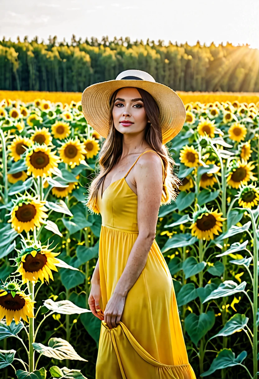 Woman in beautiful yellow dress with a beautiful hat standing around a beautiful field of sunflowers
