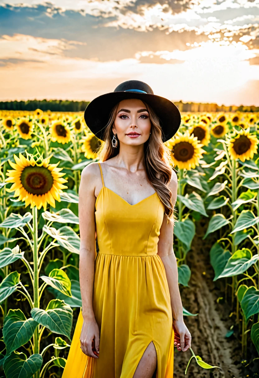 Woman in beautiful yellow dress with a beautiful hat standing around a beautiful field of sunflowers