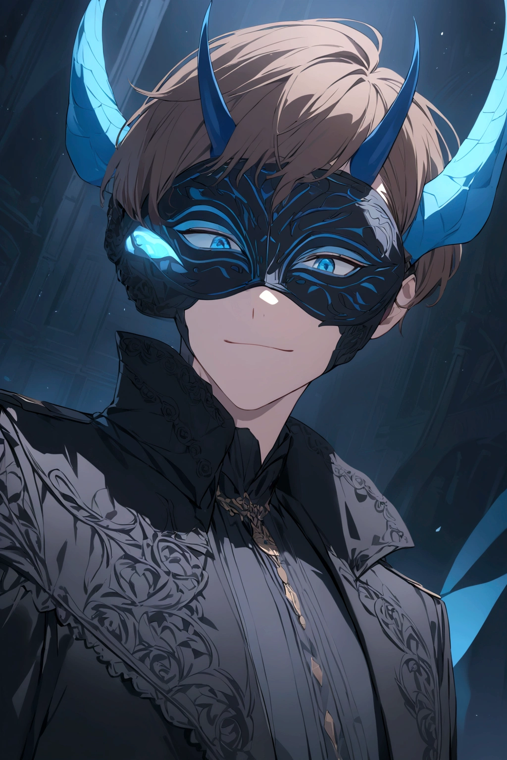 (man in half smile mask on the left side )(blue color)(blue eyes) brown hair)(blue horns)(Dressed in black)(Short haired)(alone)
