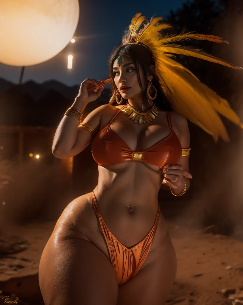 Beautiful Cherokee Indian woman with beautiful terracotta colored headdresses, blackw, doradas, cobre, Pearl, white and beige, feathers made of bright neon of various colors, flares on camera, bokeh, full moon night