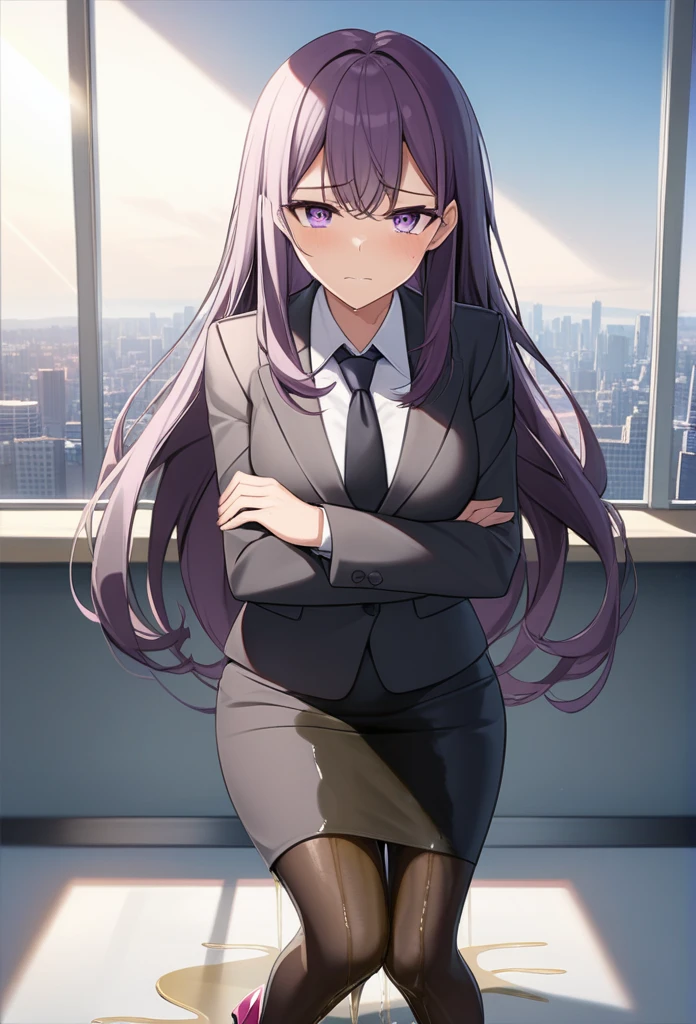 (masterpiece:1.37), best quality, (extremely detailed:1.37), office, window overlooking a bustling cityscape, woman, (mature:1.75), (very long hair:1.25), dark purple hair, purple eyes, (extremely detailed eyes:1.37) shining eyes, breasts, business suit, necktie, (very long pencil skirt:1.5), pantyhose, (wetting herself:1.5), standing, (arms crossed:1.5), (desperation:1.75), dignified, stoic expression, full body, high heels, day, daytime, glow, looking at viewer, perfect composition, Perfect light and shadow, 8K