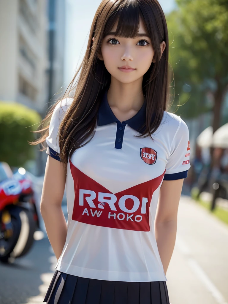 (8K, RAW Photos, Highest quality, masterpiece:1.2), (Realistic, photo-Realistic:1.4), (Highly detailed 8K wallpapers), ((Full Body Shot)), (1 girl), Sharp focus, Depth of written boundary, Cinematic lighting, Soft Light, 緻密な美しさのeye, eye_Chan, Very beautiful 17 year old girl, innocent big eyes, Realistic, photo Realistic, Highly detailed cute girl, (Thin thighs), (Model Body Type), (((MotoGP Repsol Honda Team polo shirt))), ((Micro Mini Pleated Skirt)), (((Fold your arms in front of your chest and act arrogantly))), ((A happy smile)), Parted lips, Watching the audience, (On the streets of Britain) , (Brown Hair), (Long Bob Hair), (Asymmetrical bangs)