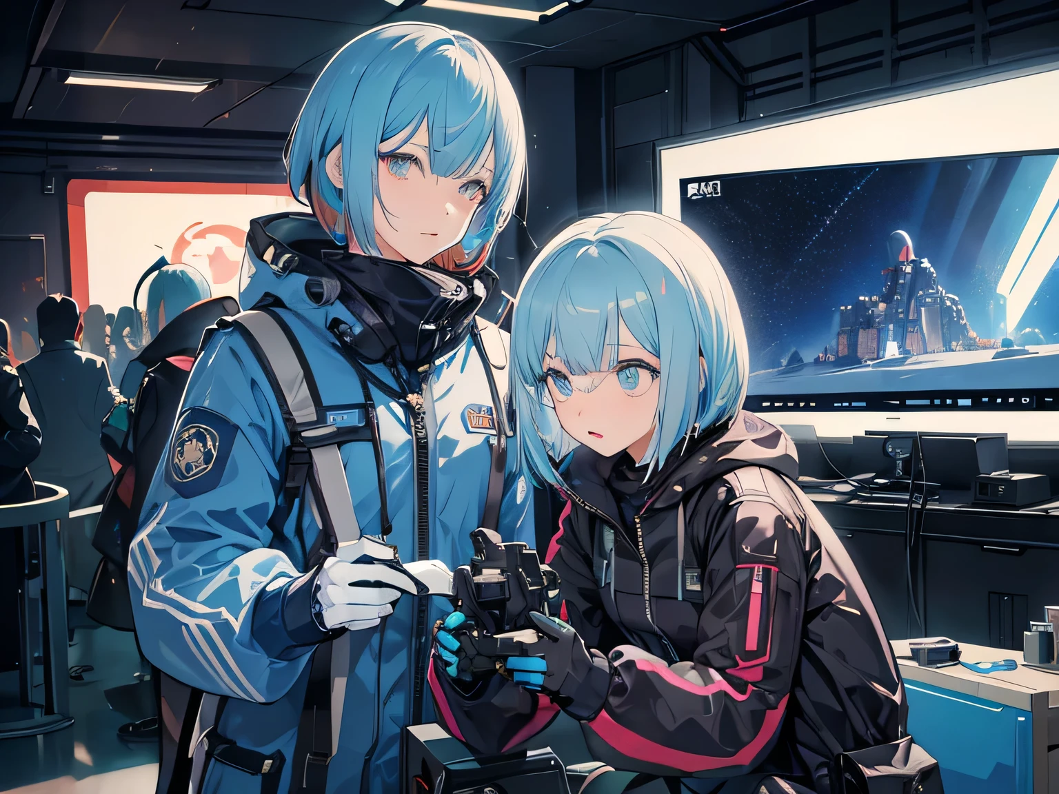 light blue hair, blunt bangs, bob cut, goggles on head, multicolored eyes, makeup, disgust, backlighting, masterpiece, accurate, super detail, award winning, highres, best quality, 8k, Cyberpunk, the world of science fiction movies, A Martian city in the year 2500, an android woman wearing a mechanic suit, background(Starry sky, meteor), Get down on one knee,