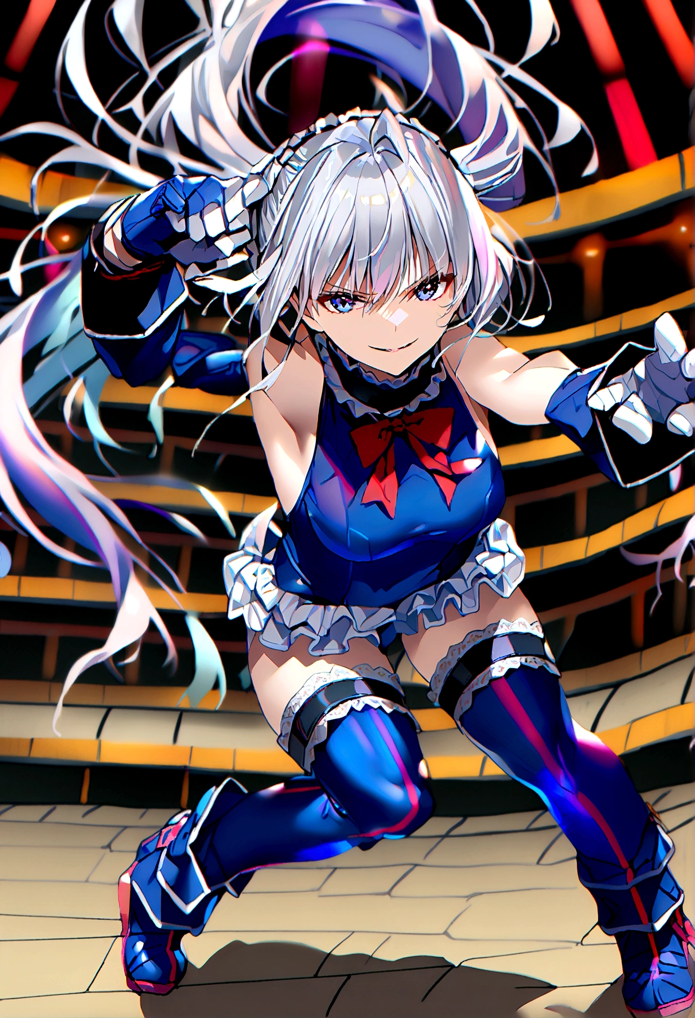 1girl, full body,dark aura,evil smile, 1girl,(Silver Hair:1.4),Very long hair,(Arena:1.4), frilled choker, red bowtie, blue one-piece swimsuit, frilled swimsuit, blue sleeves, detached sleeves, gloves, blue thighhighs, frilled thighhighs,fight pose, 