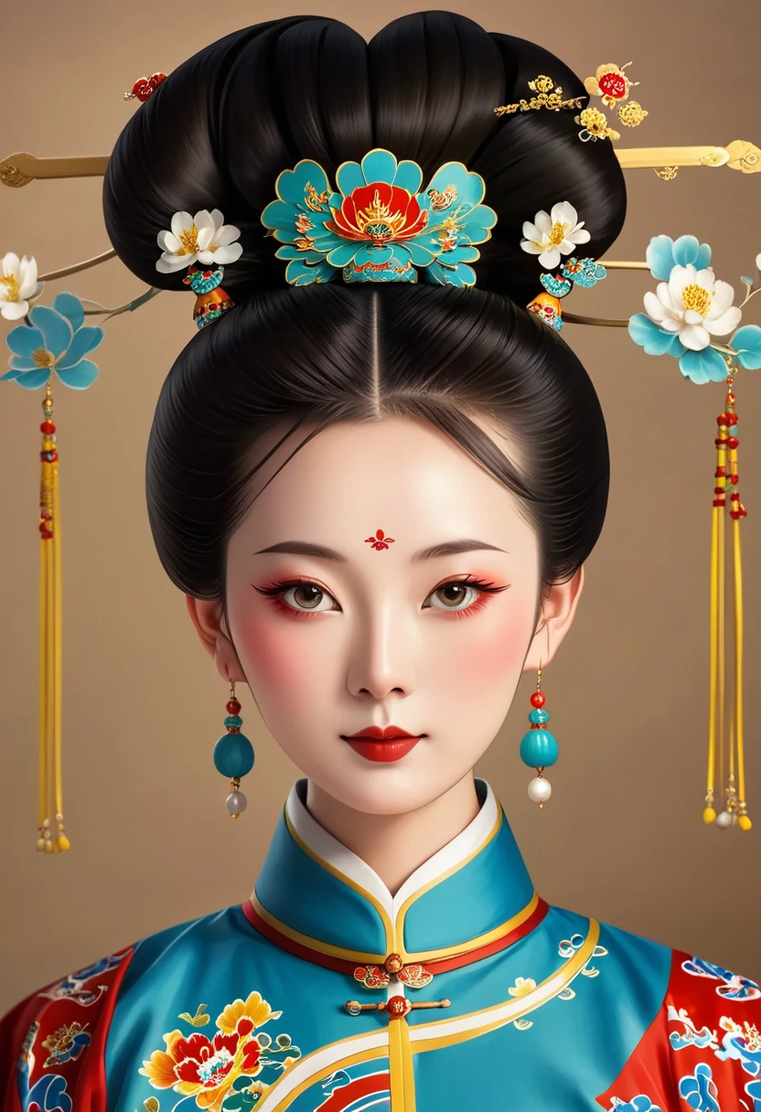 Beautiful girl portrait，symmetry，Round Face，Bright Eyes，Smooth skin，Chinese Qing Dynasty national flag clothing,egotistical,High bun，palace，Clean background
