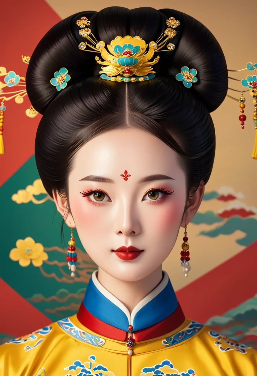 Beautiful girl portrait，symmetry，Round Face，Bright Eyes，Smooth skin，Chinese Qing Dynasty national flag clothing,egotistical,High bun，palace，Clean background