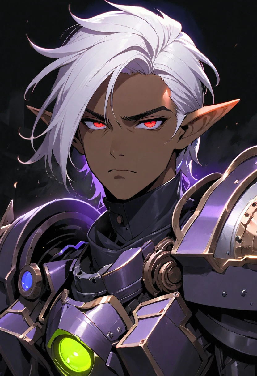 masterpiece, best quality, ultra high res, dark theme, 1boy, (dungeonpunk armor), (mechanical steampunk armor), (wearing armor), fantasy illustration, dark skinned, human, upper body, portrait, red eyes, long white hair, half-drow, pointy ears, serious face, young man, dramatic lighting, purple hue, art by Kinema Citrus
